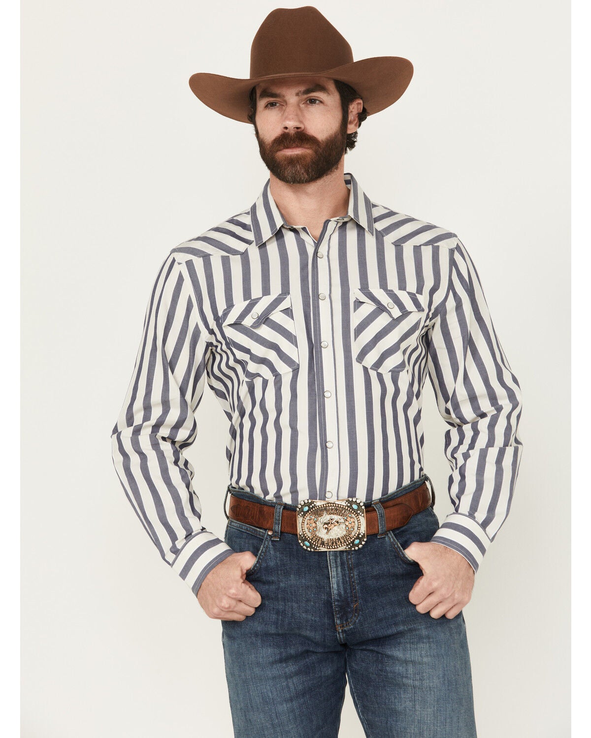 Panhandle Men's Striped Long Sleeve Pearl Snap Western Shirt, Cream, hi-res