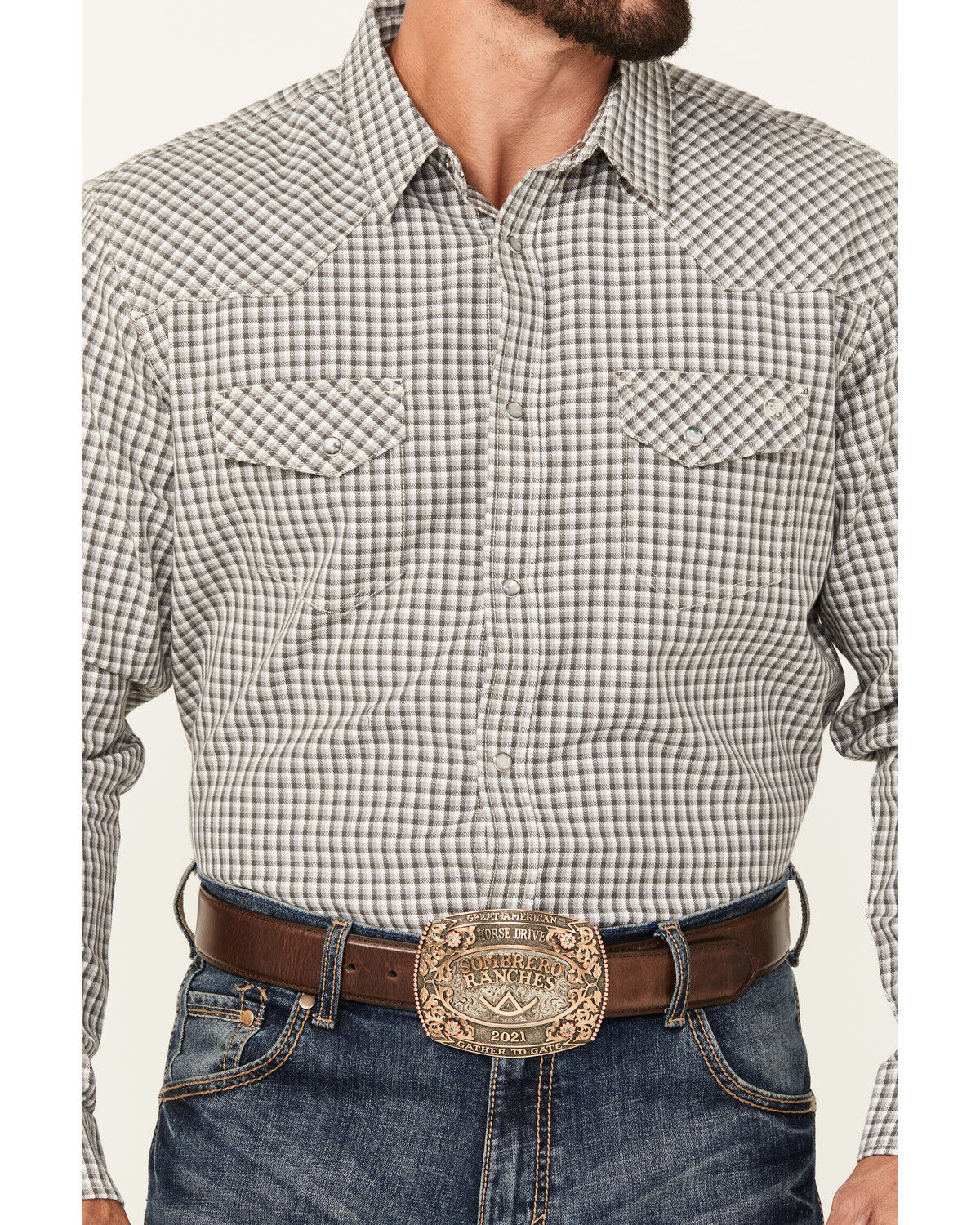 Image #3 - Blue Ranchwear Men's Dickens Gingham Long Sleeve Snap Western Shirt, Slate, hi-res