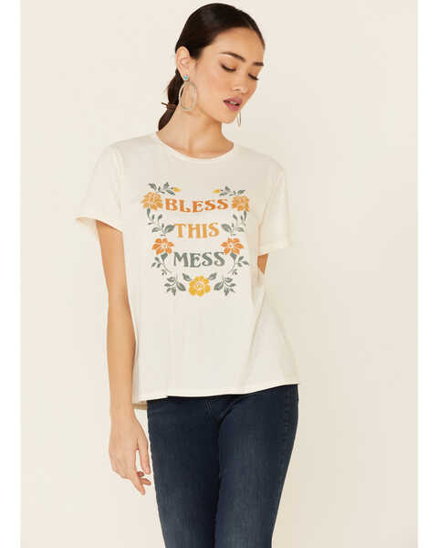 Cut & Paste Women's Bless This Mess Floral Graphic Short Sleeve Tee  , Ivory, hi-res
