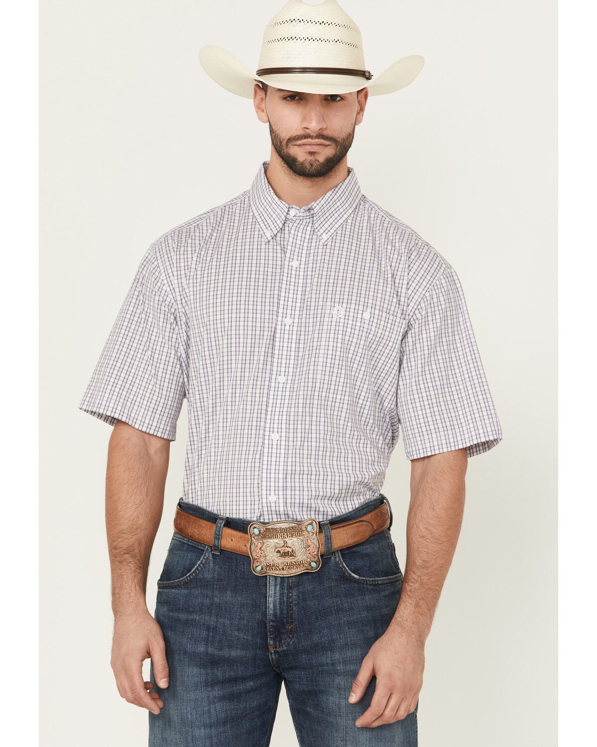 George Strait by Wrangler Men's Plaid Print Short Sleeve Button-Down Stretch Western Shirt, Purple, hi-res