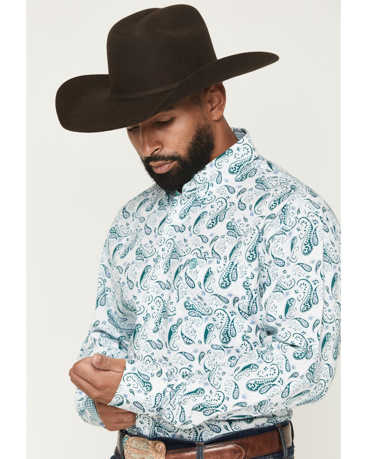 Image #2 - George Strait by Wrangler Men's Paisley Print Long Sleeve Button-Down Stretch Western Shirt, White, hi-res