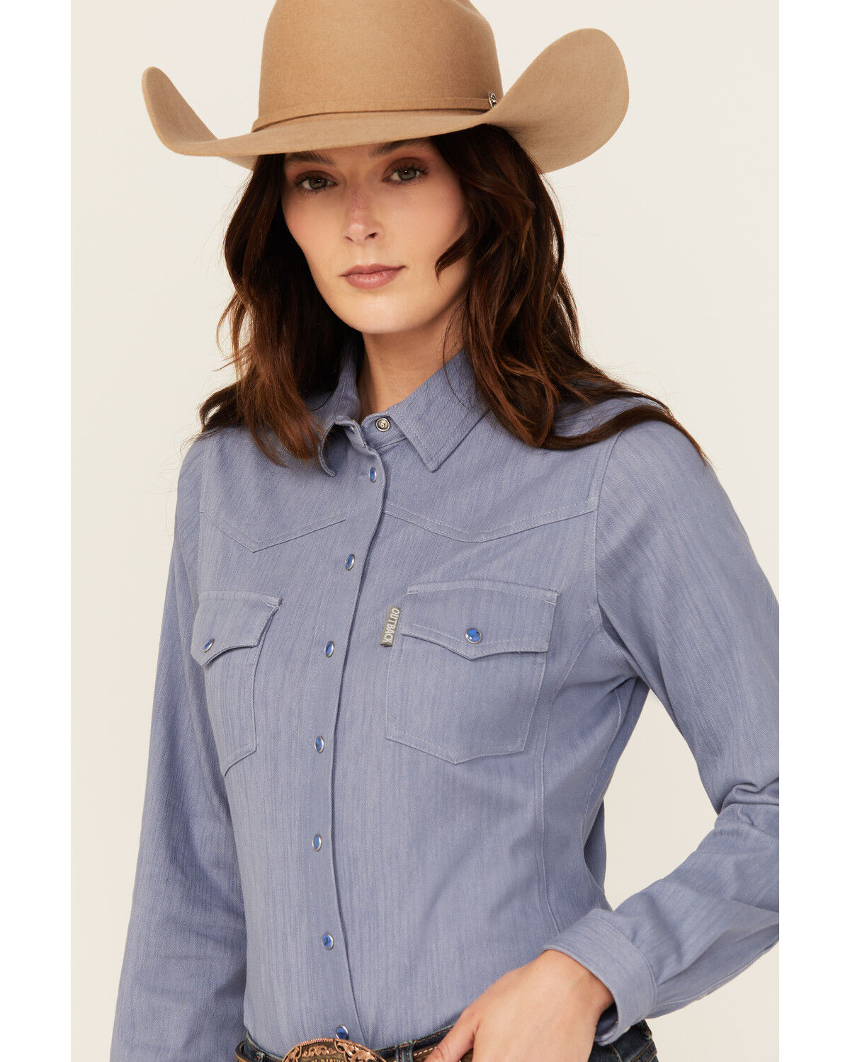 Image #2 - Outback Trading Co Women's Solid Knit Long Sleeve Snap Western Shirt, Blue, hi-res