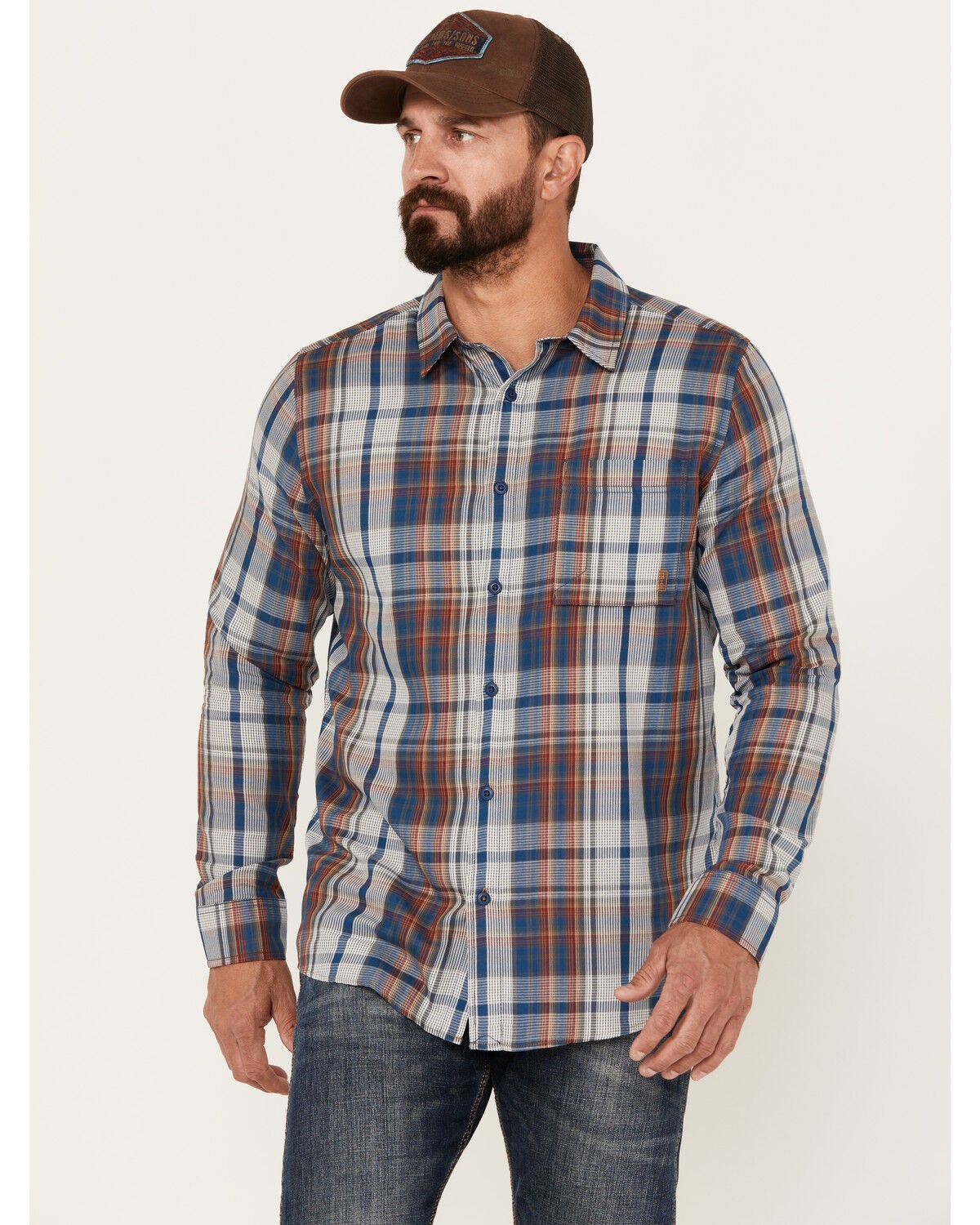 Brothers and Sons Men's Plaid Print Long Sleeve Button Down Performance Western Shirt, Dark Blue, hi-res