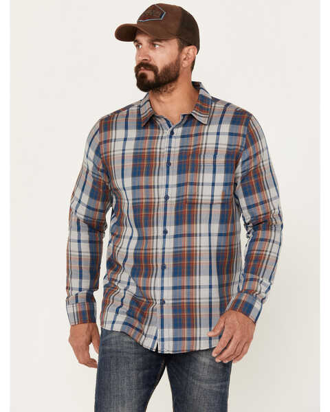 Image #1 - Brothers and Sons Men's Plaid Print Long Sleeve Button Down Performance Western Shirt, Dark Blue, hi-res