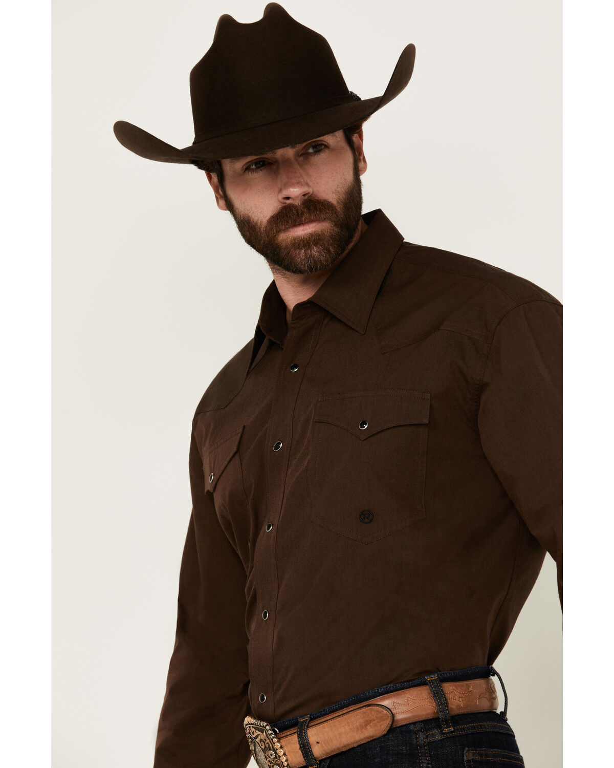 Image #2 - Roper Men's Amarillo Solid Long Sleeve Snap Western Shirt, Brown, hi-res