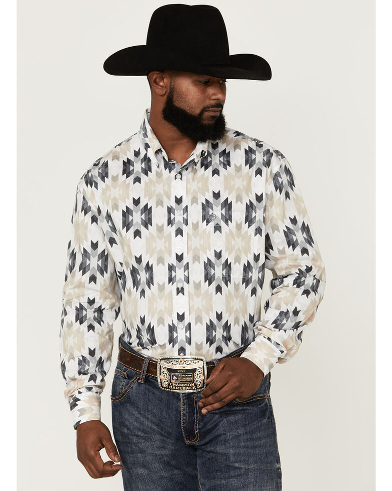 Rock & Roll Denim Men's Southwestern Print Long Sleeve Button-Down Western Shirt , Ivory, hi-res