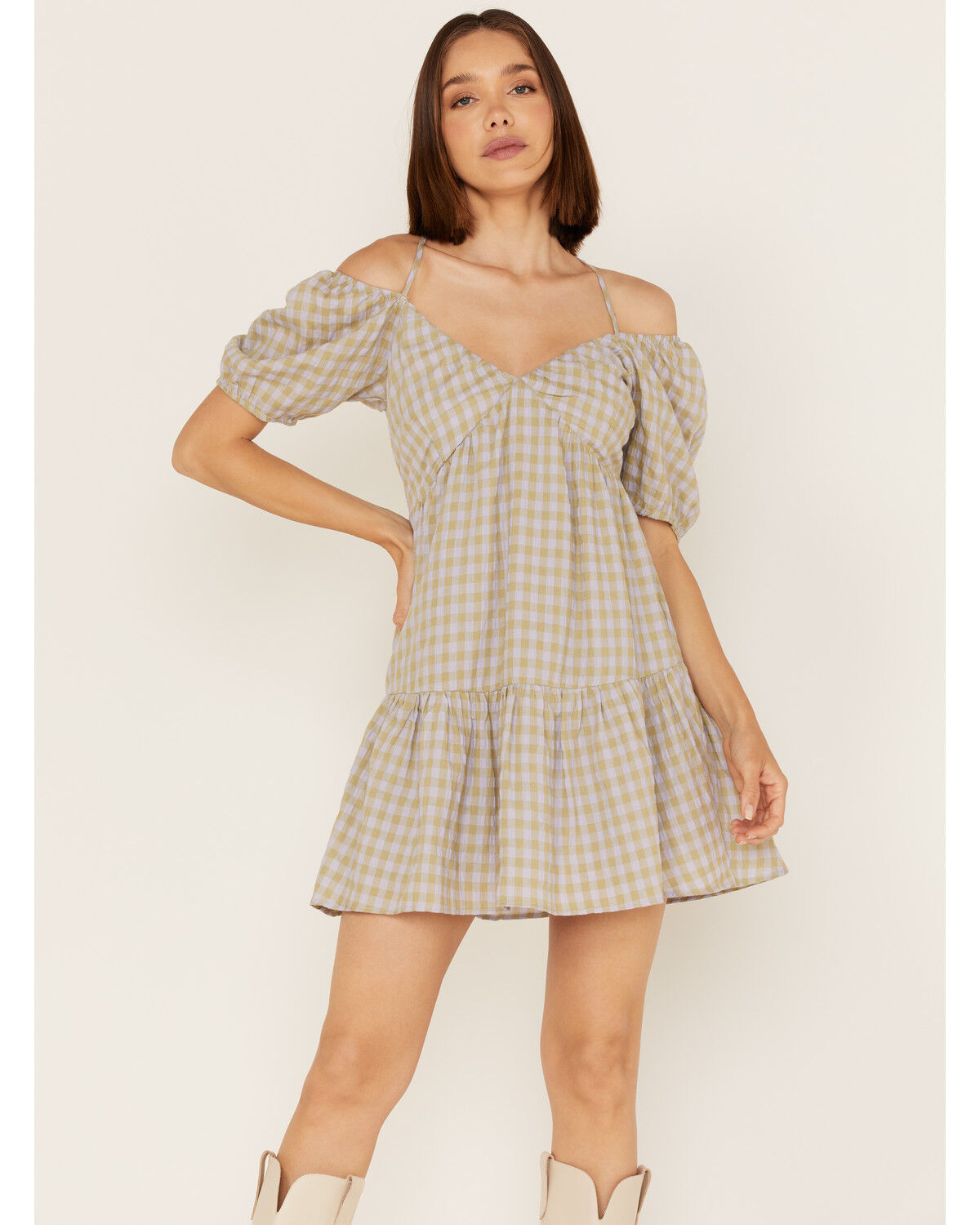Image #1 - Heartloom Women's Kendra Peri Plaid Off Shoulder Mini Dress, Periwinkle, hi-res