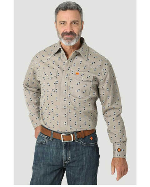 Wrangler Men's FR 20X Southwestern Geo Print Long Sleeve Snap Western Work Shirt - Big, Tan, hi-res