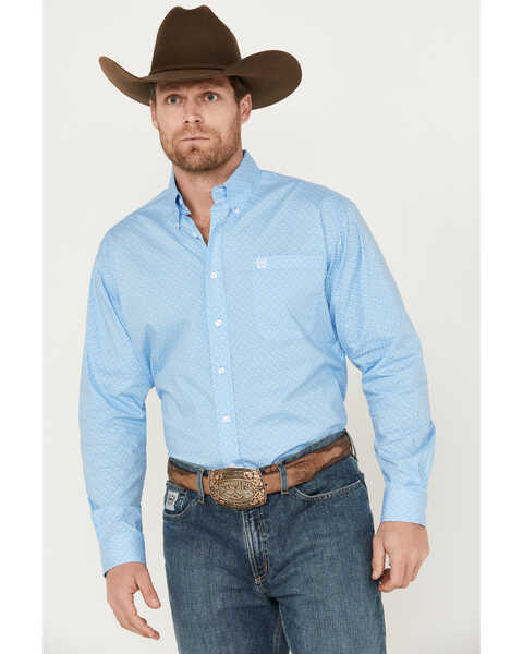 Image #1 - Cinch Men's Geo Print Long Sleeve Button Down Stretch Western Shirt, Blue, hi-res