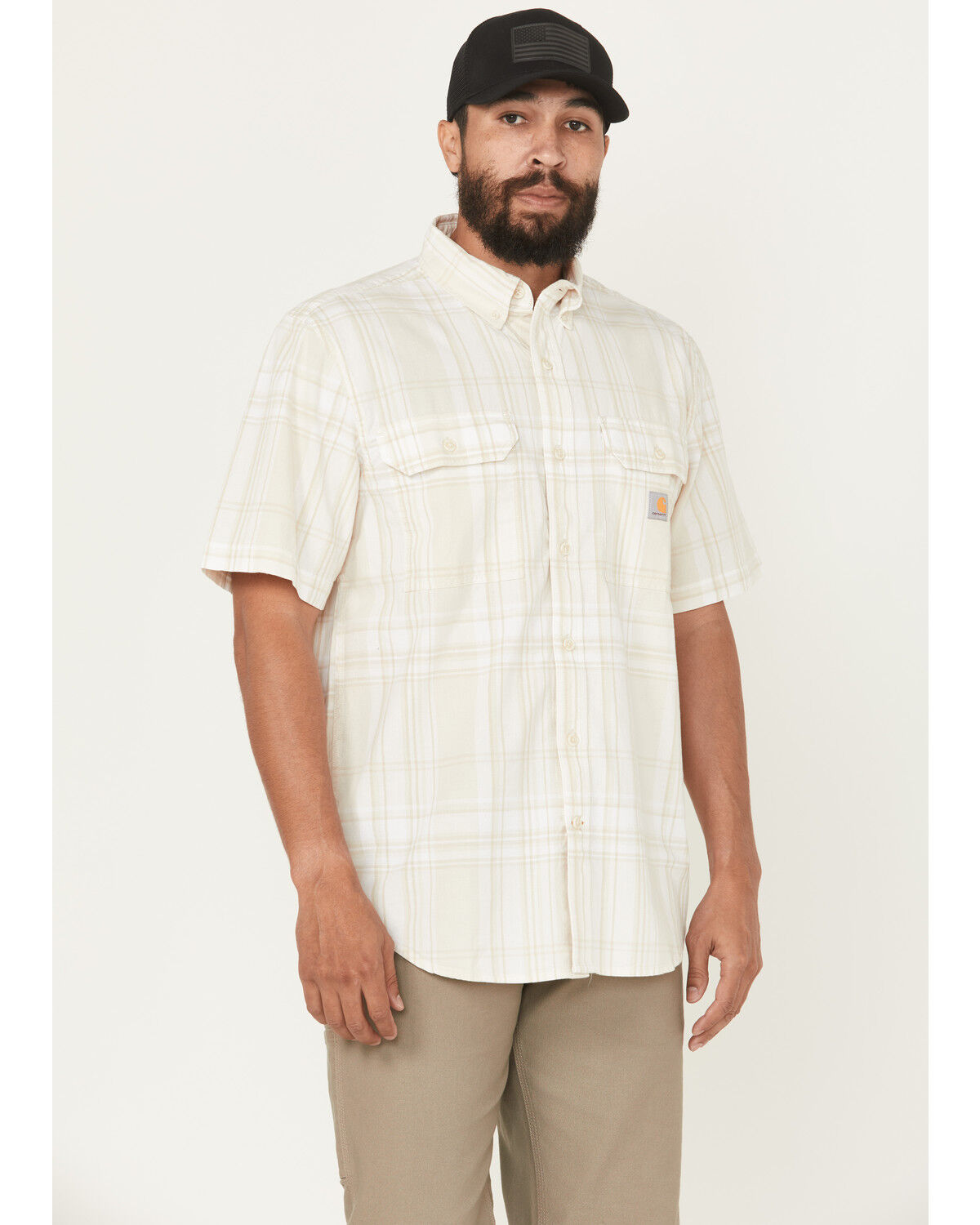 Image #1 - Carhartt Men's Plaid Print Loose Fit Midweight Short Sleeve Button-Down Work Shirt, White, hi-res