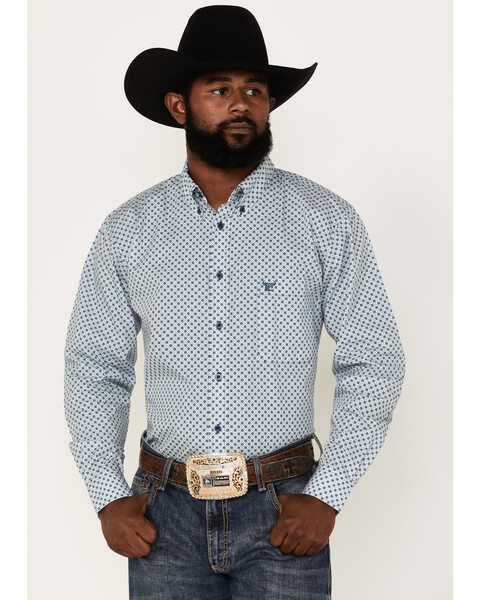 Image #1 - Cowboy Hardware Men's Diamond Star Print Long Sleeve Button-Down Western Shirt, Blue, hi-res