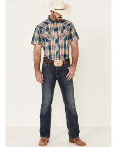 West Made Men's Tile Plaid Short Sleeve Snap Western Shirt , Blue, hi-res