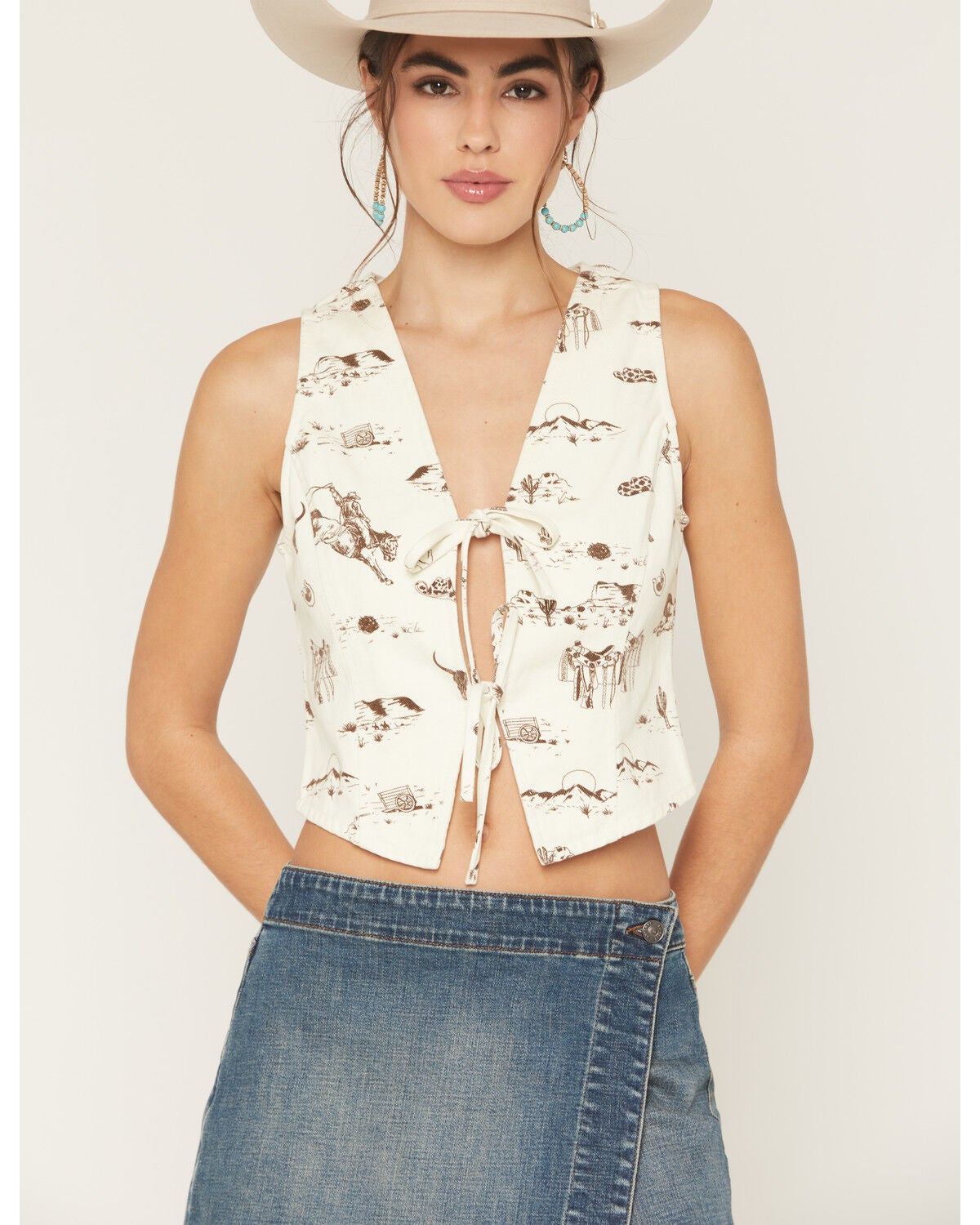Ashley Women's Boot Barn Exclusive Rodeo Print Tie-Front Denim Vest, Cream, hi-res