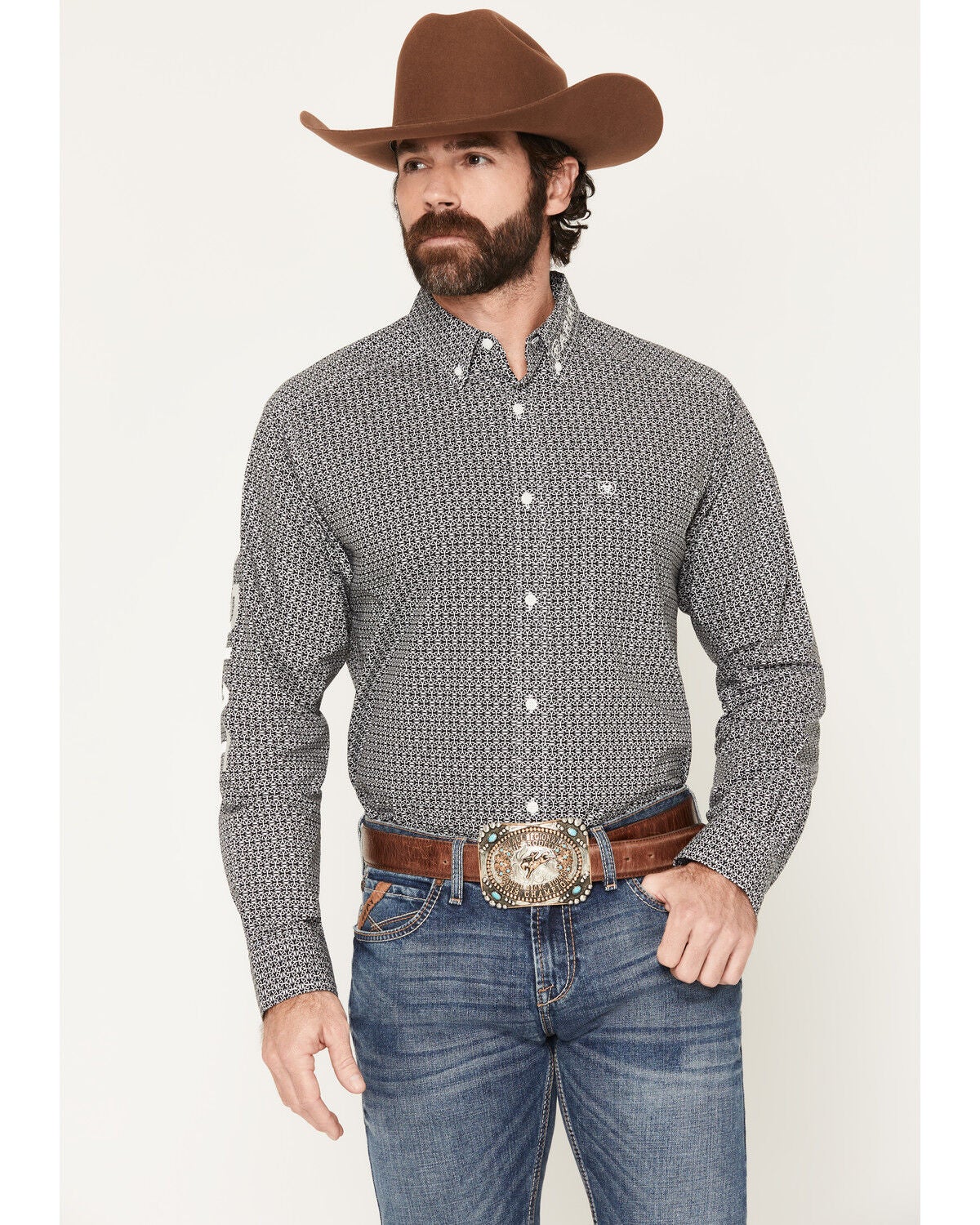 Image #1 - Ariat Men's Team Dawson Geo Print Long Sleeve Button-Down Western Shirt - Tall, Black, hi-res