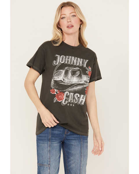 Image #1 - Merch Traffic Women's Johnny Cash Rose Short Sleeve Graphic Tee, Black, hi-res