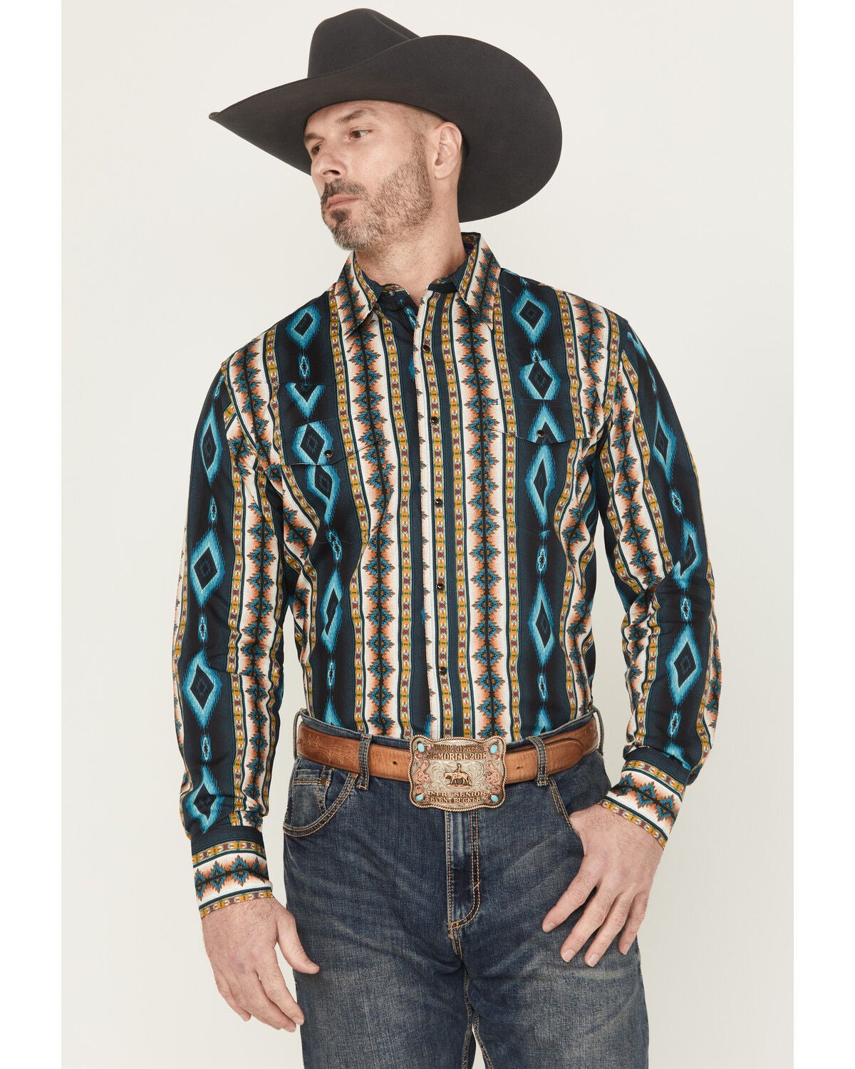 Image #1 - Wrangler Men's Checotah Southwestern Print Long Sleeve Snap Western Shirt - Tall, Teal, hi-res
