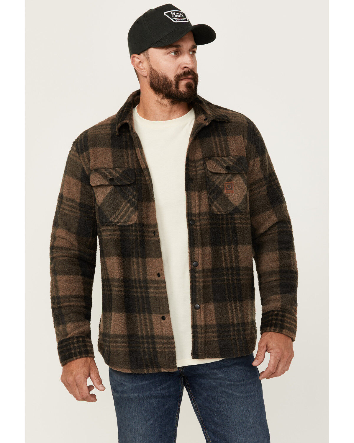 Image #1 - Brixton Men's Bowery Arctic Plaid Print Long Sleeve Snap Stretch Shirt Jacket, Black, hi-res
