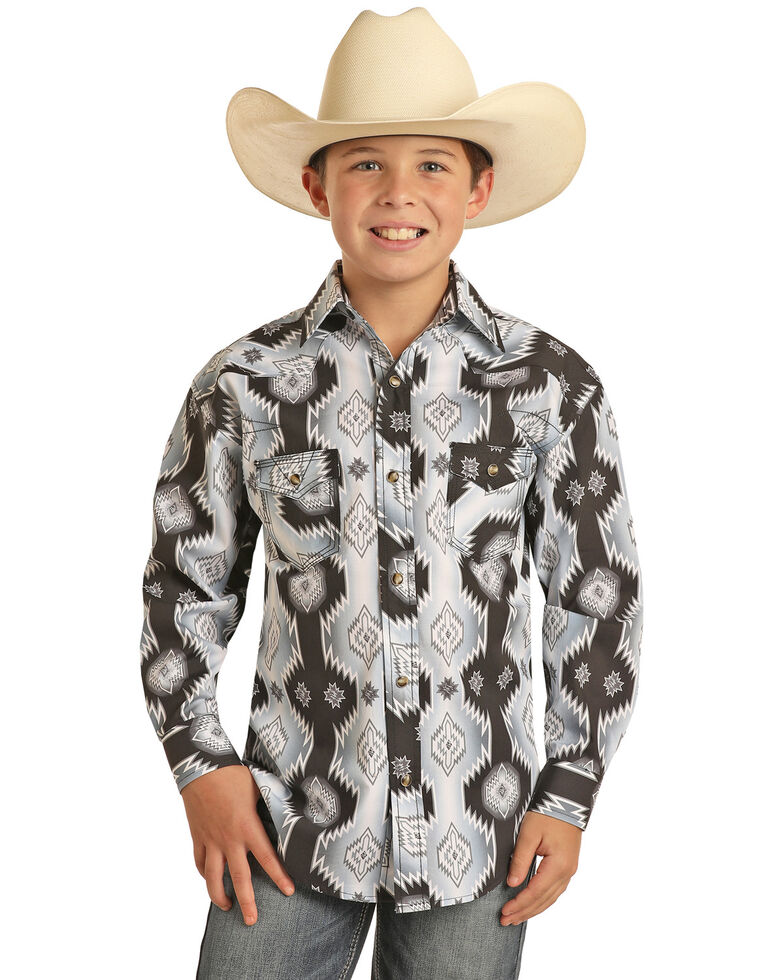 Rock & Roll Denim Boys' Black Southwestern Print Long Sleeve Snap Western Shirt , Black, hi-res