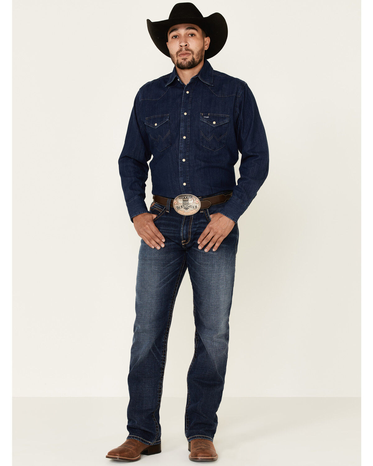 Image #2 - Wrangler Men's Dark Denim Solid Long Sleeve Snap Western Shirt, Dark Blue, hi-res
