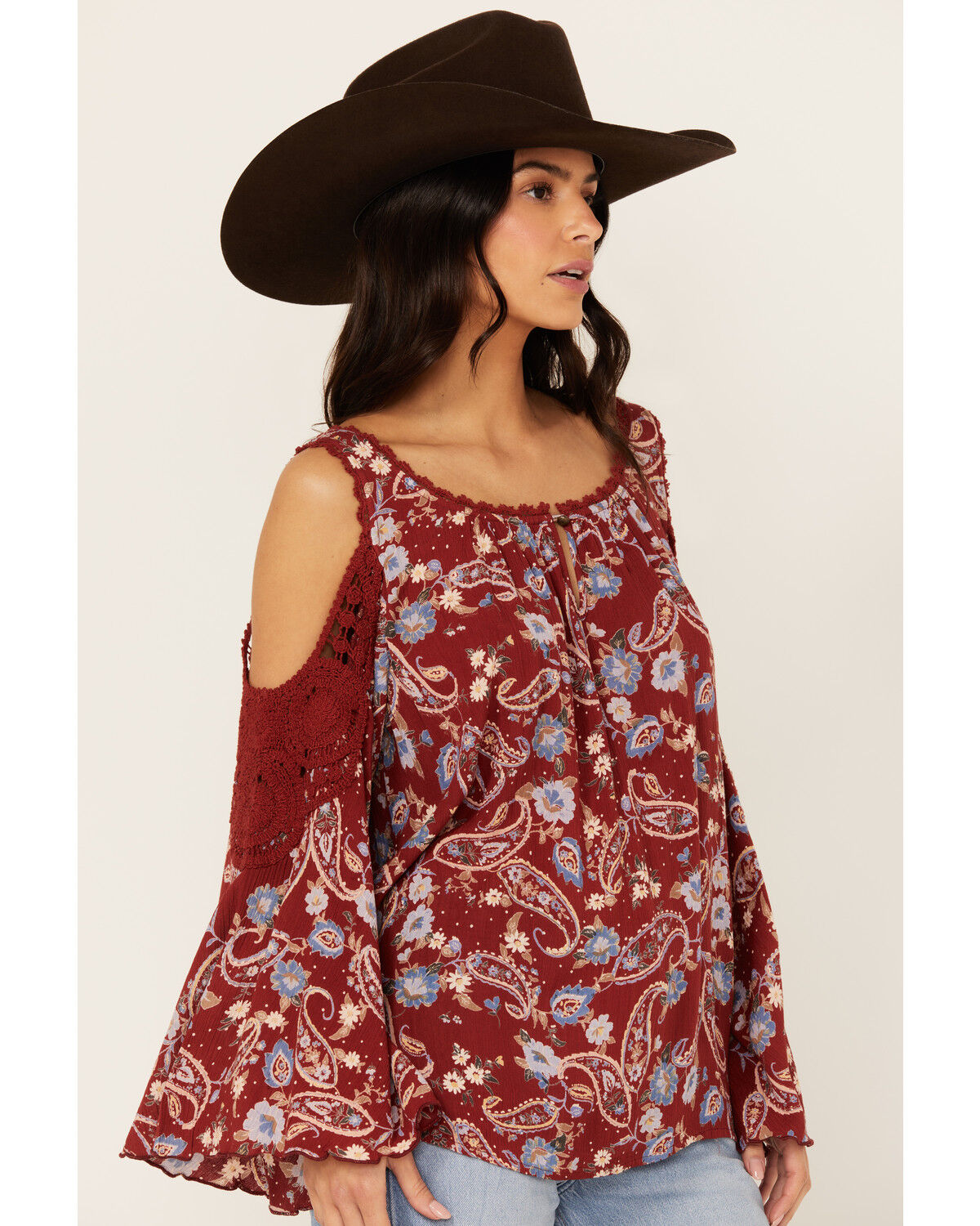 Image #2 - Bila Women's Floral Print Long Sleeve Cold Shoulder Shirt, Brick Red, hi-res