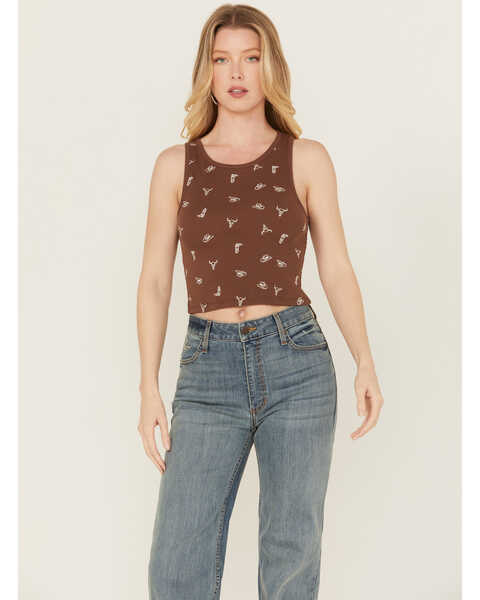 Discreture Women's Western Embroidered Cropped Tank, Brown, hi-res