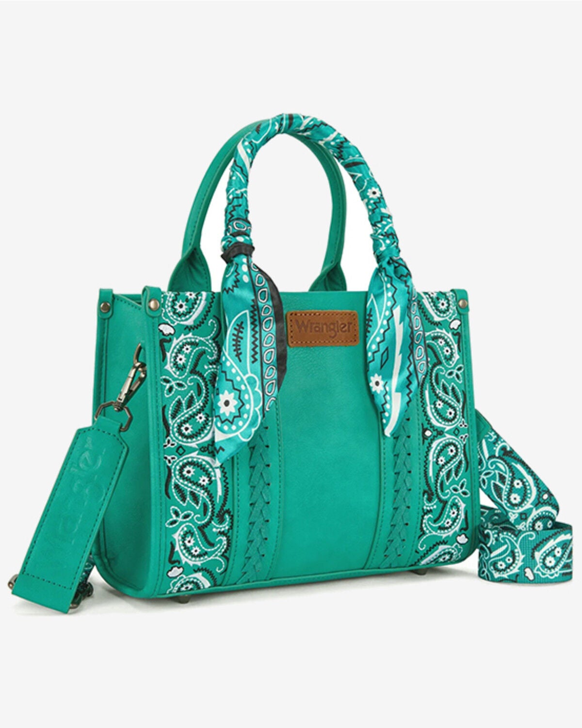 Wrangler Women's Braided Paisley Bandana Tote Bag, Turquoise, hi-res