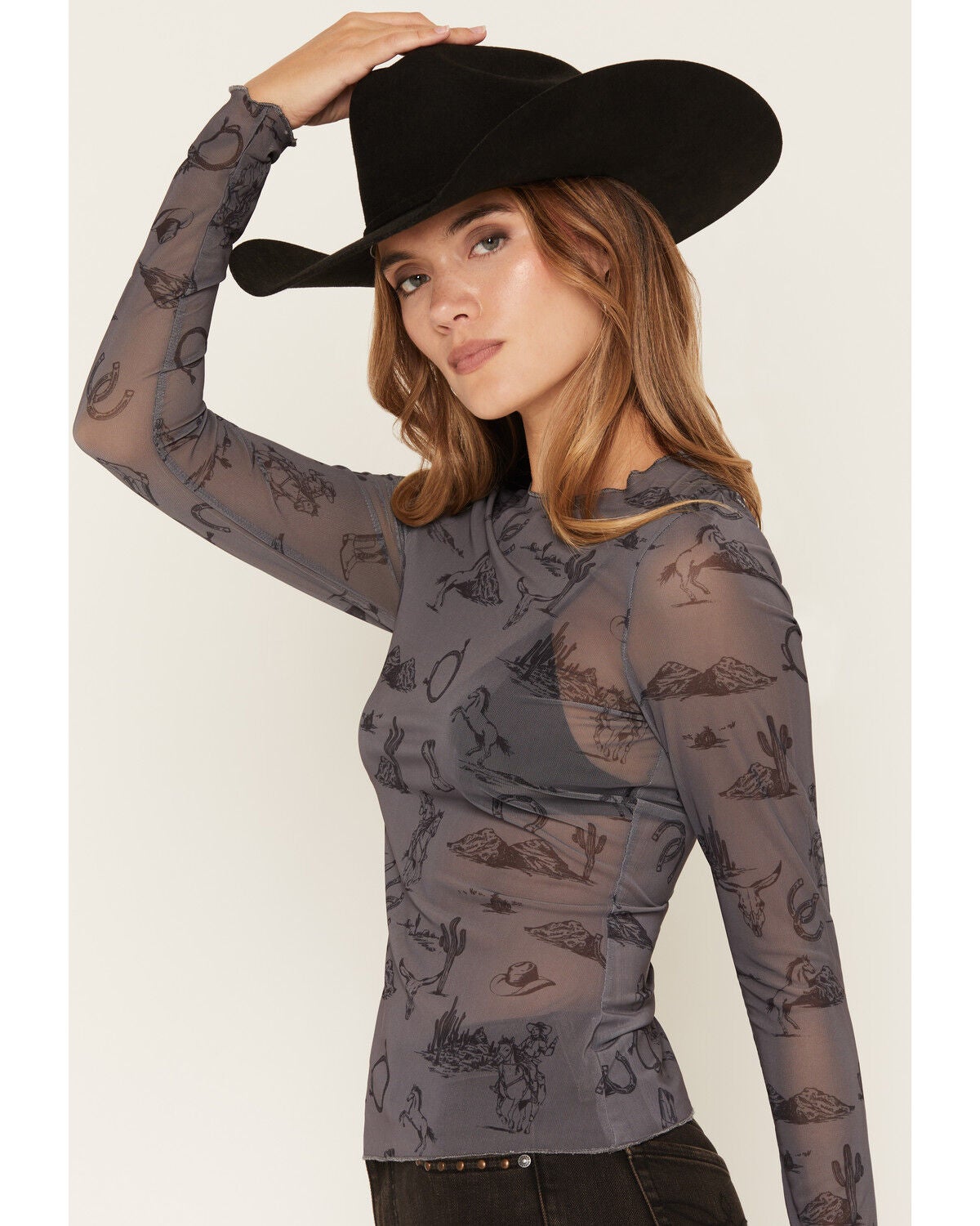 Image #2 - Ash & Violet Women's Conversational Print Long Sleeve Mesh Top, Dark Grey, hi-res
