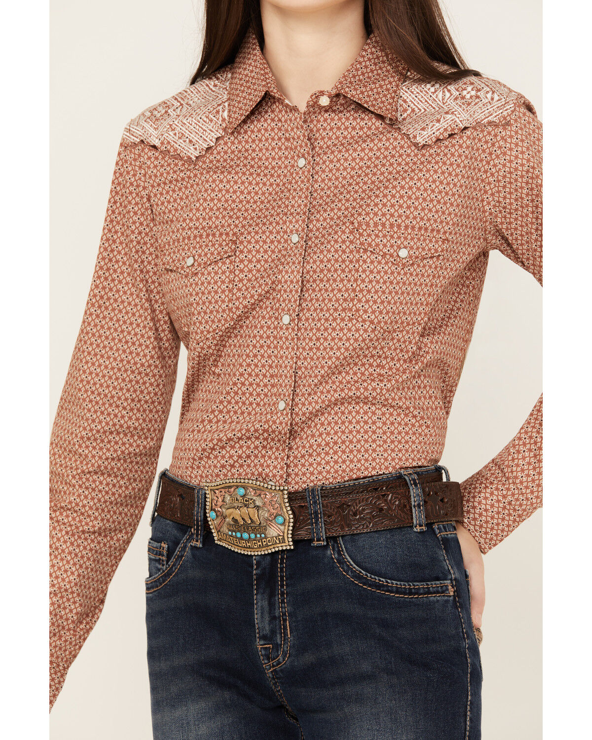 Image #3 - Rough Stock by Panhandle Women's Geo Print Long Sleeve Western Snap Shirt, Rust Copper, hi-res