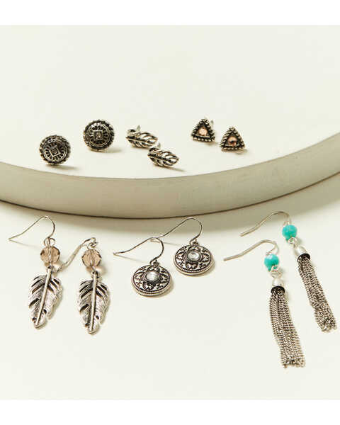 Shyanne Women's Shimmer Concho Feather Earring 6-Piece Set, Silver, hi-res