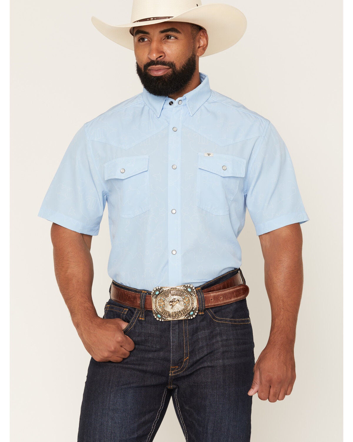 Image #1 - Ferrell Men's Tek Carson Boot Stitch Short Sleeve Snap Performance Western Shirt, Blue, hi-res