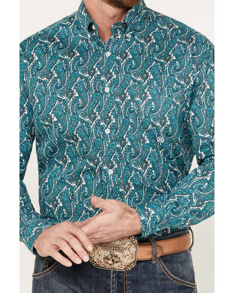 Image #3 - Roper Men's Amarillo Paisley Print Long Sleeve Western Snap Shirt, Teal, hi-res