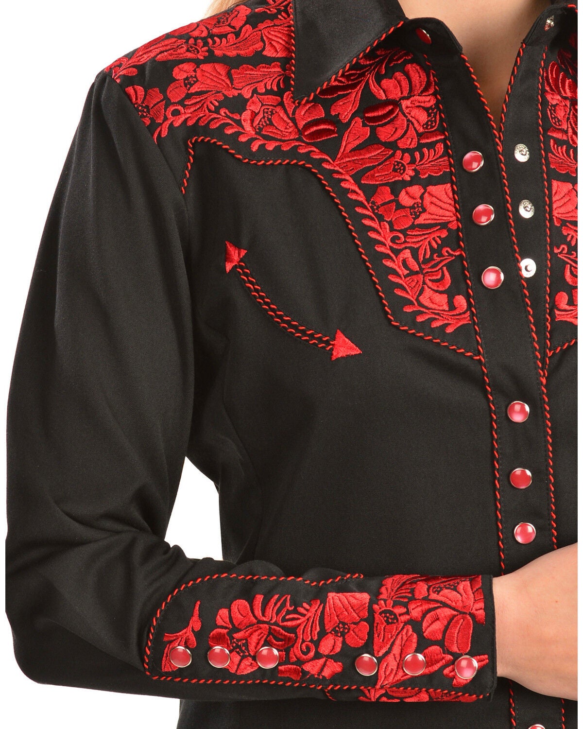 Image #2 - Scully Women's Crimson Floral Embroidered Shirt, Red, hi-res