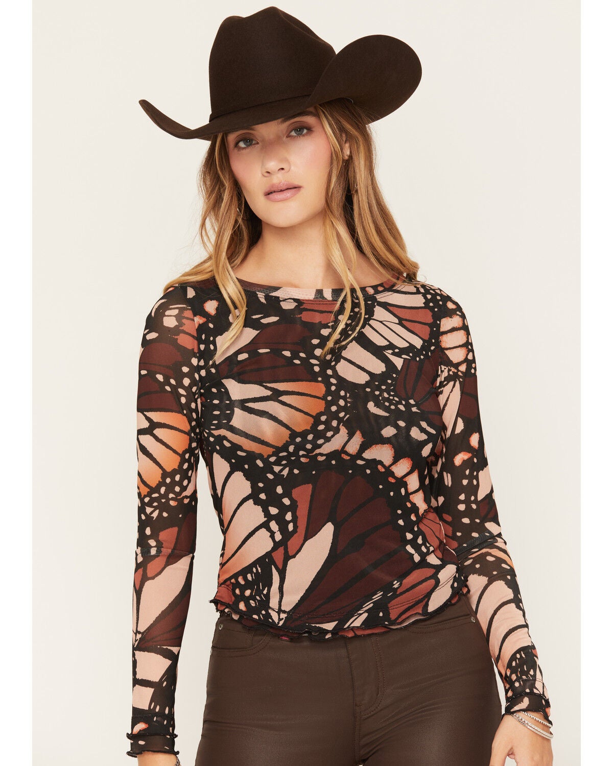 Image #1 - Wild Moss Women's Butterfly Long Sleeve Mesh Top, Brown, hi-res