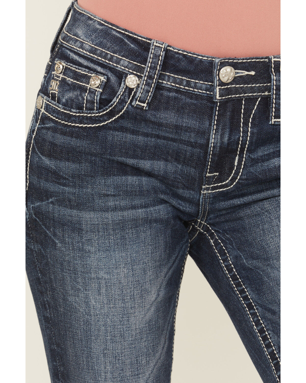 Image #4 - Miss Me Women's Dark Wash Mid Rise Bootcut Stretch Denim Jeans, Dark Wash, hi-res