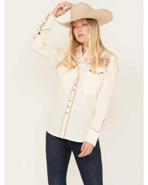 Image #1 - Rockmount Ranchwear Women's Embroidered Scenic Long Sleeve Pearl Snap Western Shirt , Ivory, hi-res