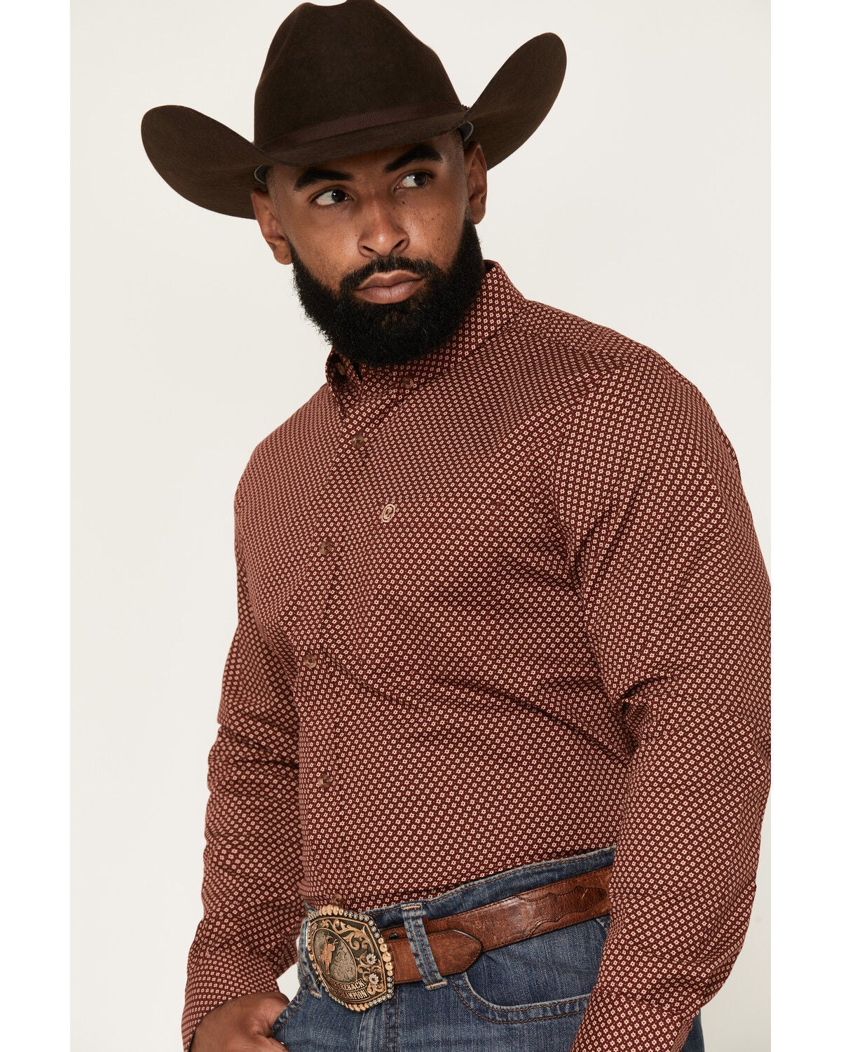 Image #2 - Cody James Men's NFR Geo Print Long Sleeve Button-Down Stretch Western Shirt, Burgundy, hi-res
