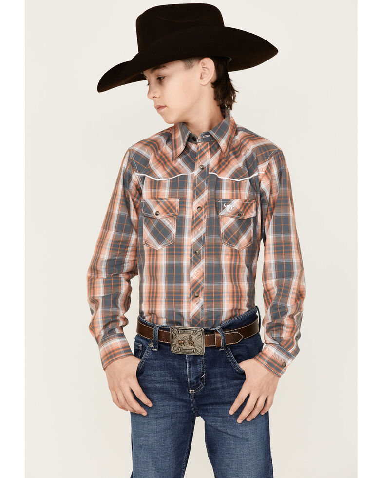 Cowboy Hardware Boys' Hermosillo Plaid Long Sleeve Snap Shirt, Orange, hi-res