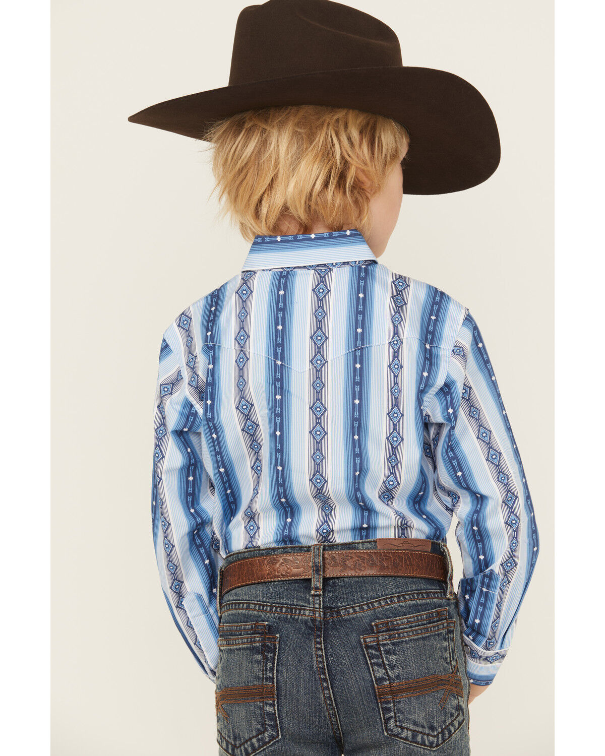 Image #4 - Wrangler Boys' Checotah Southwestern Striped Print Long Sleeve Snap Western Shirt, Blue, hi-res