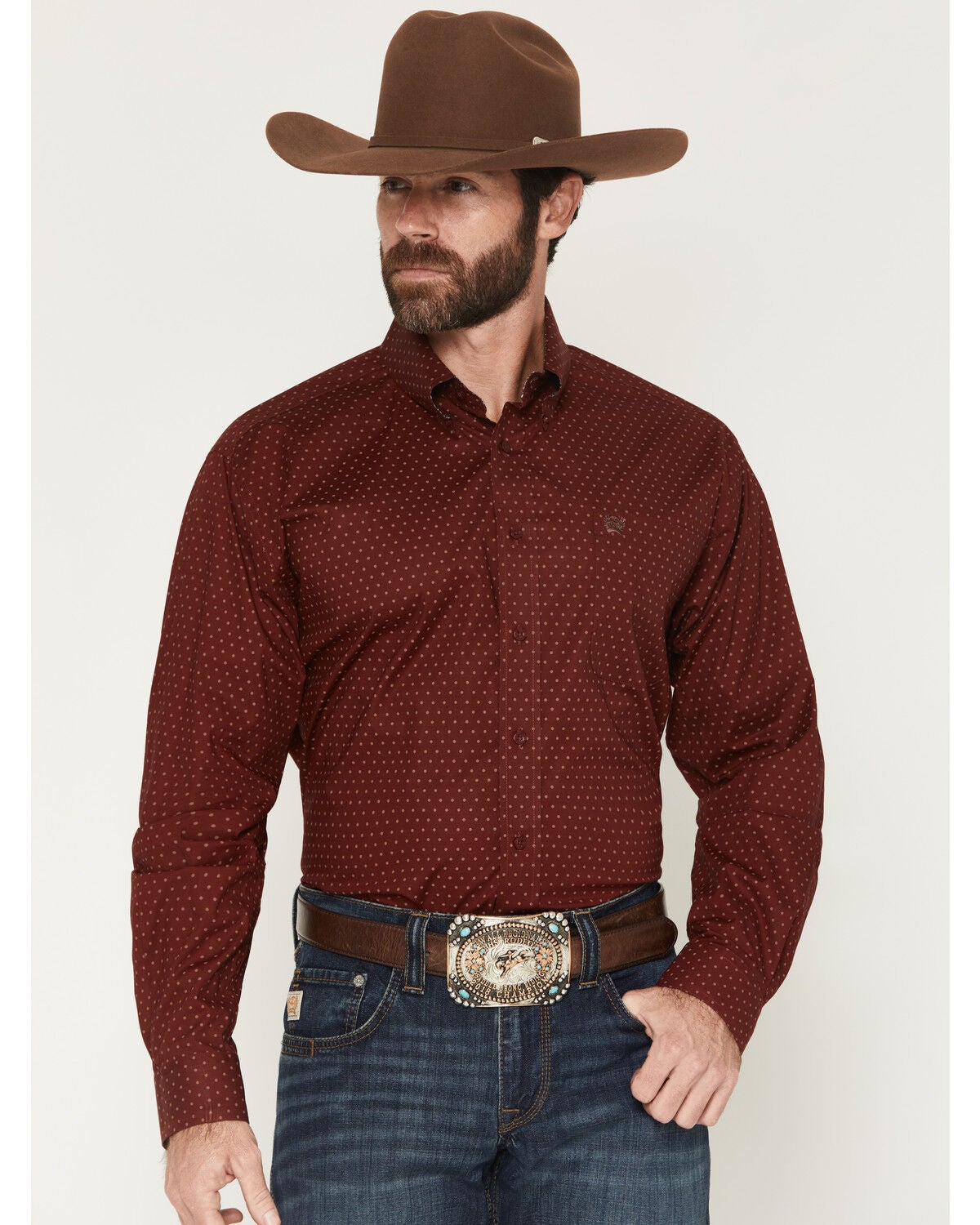 Image #1 - Cinch Men's Polka Dot Print Long Sleeve Button-Down Stretch Western Shirt, Burgundy, hi-res