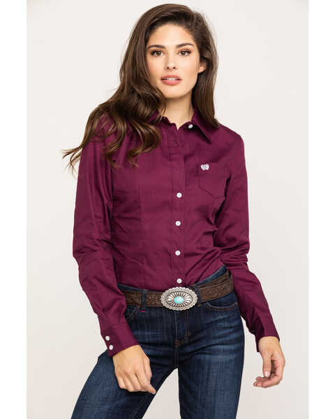 Cinch Women's Burgundy Button-Down Long Sleeve Western Shirt , Burgundy, hi-res