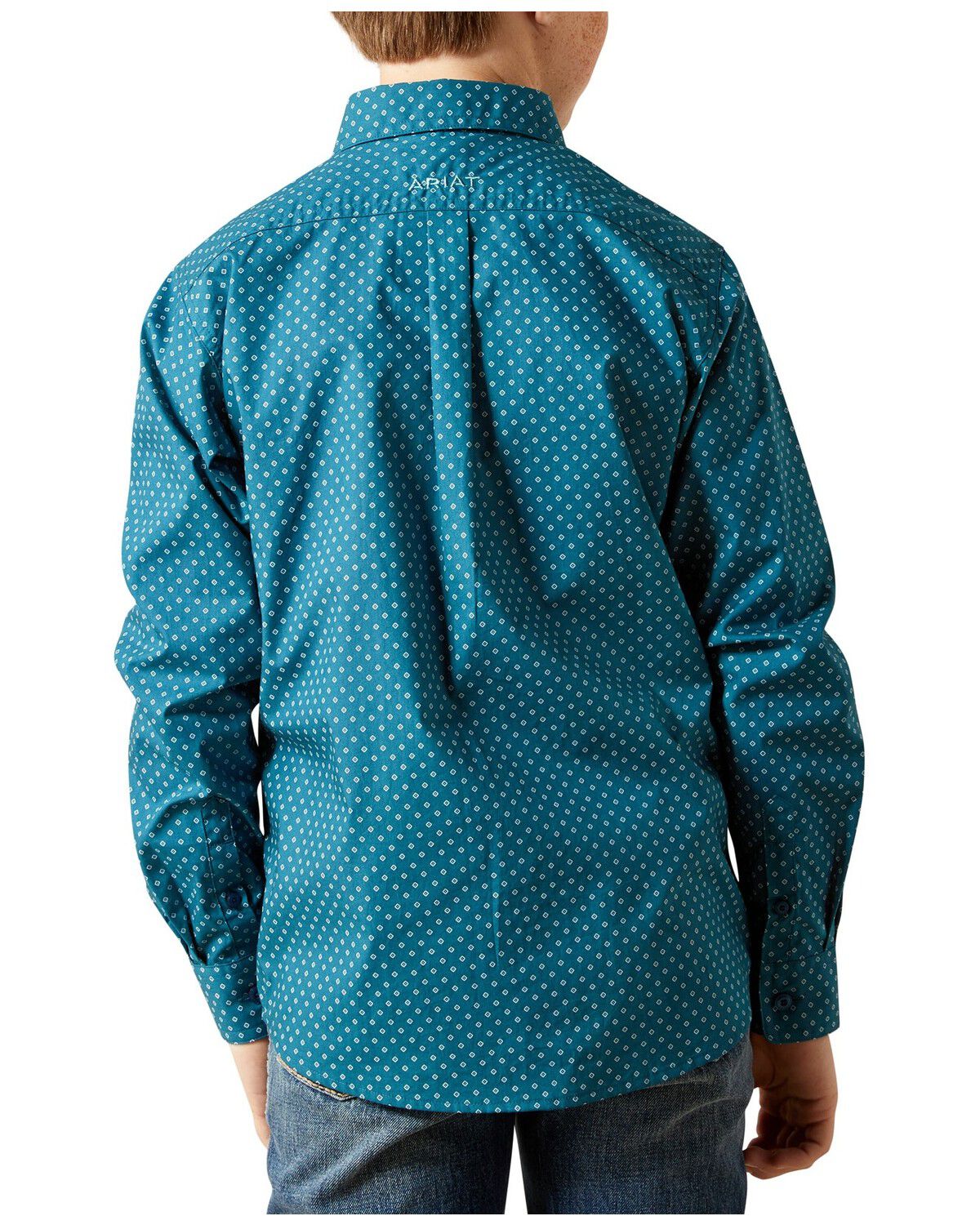 Image #2 - Ariat Boys' Tyce Geo Print Long Sleeve Button-Down Western Shirt, Blue, hi-res