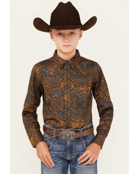 Image #1 - Cody James Boys' Winding Roads Printed Long Sleeve Pearl Snap Western Shirt , Chocolate, hi-res