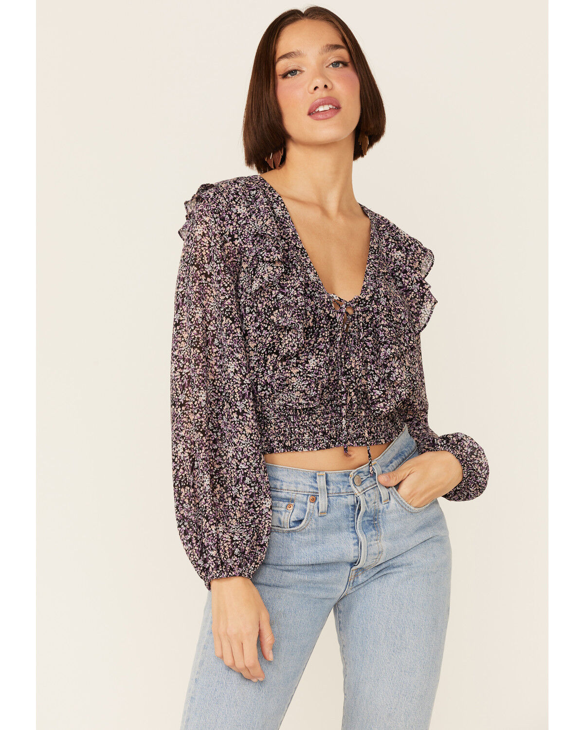 Image #1 - Lush Women's Floral Cinch Front Top, Blue, hi-res