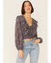 Image #1 - Lush Women's Floral Cinch Front Top, Blue, hi-res