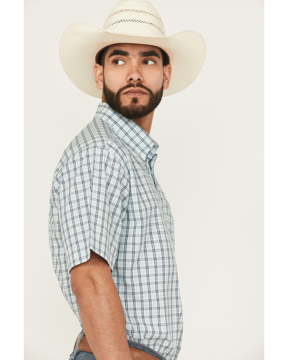Image #2 - Cinch Men's Plaid Print Short Sleeve Button-Down Western Shirt, Turquoise, hi-res