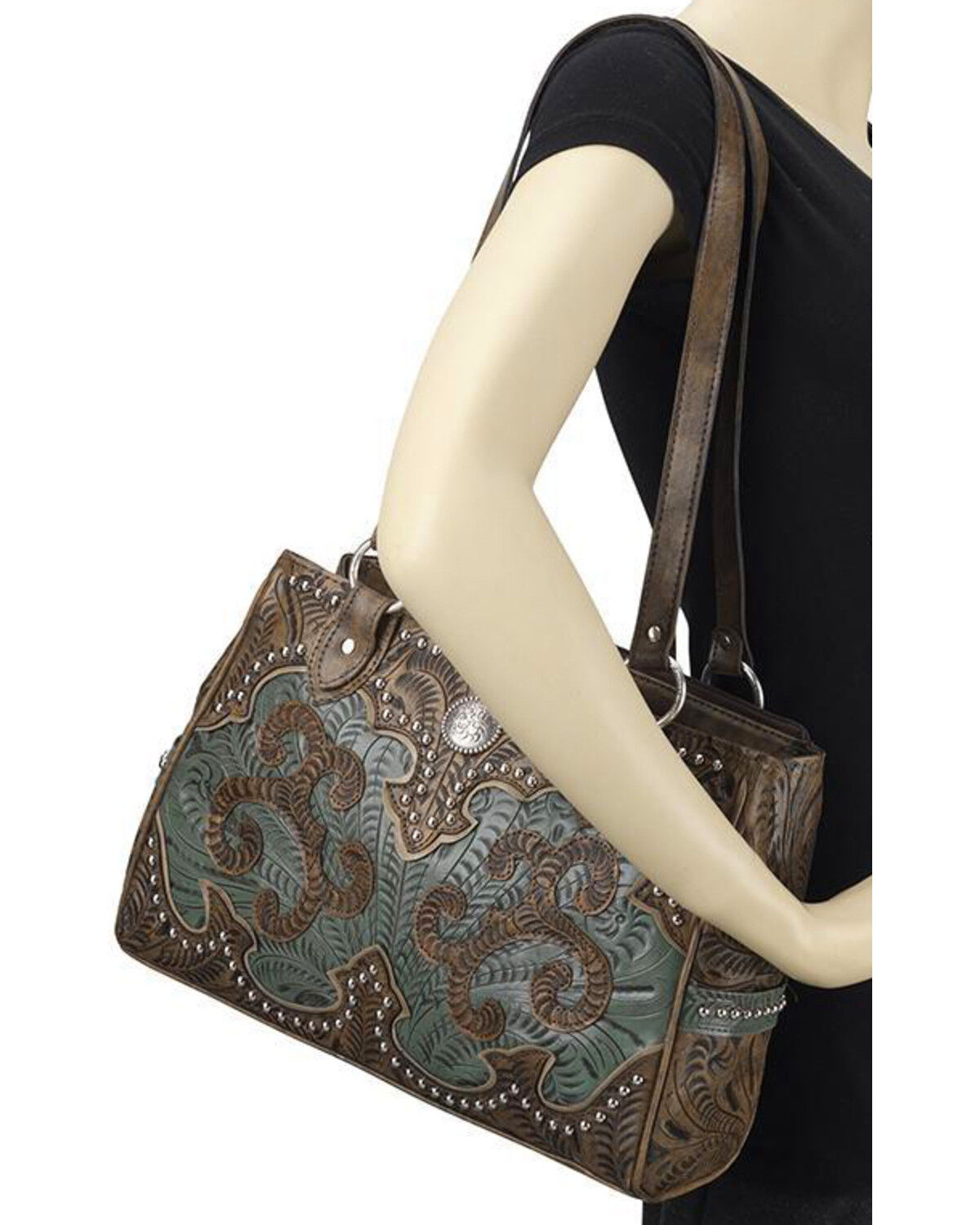 Image #5 - American West Women's Hand Tooled Concealed Carry Multi-Compartment Tote, Distressed Brown, hi-res