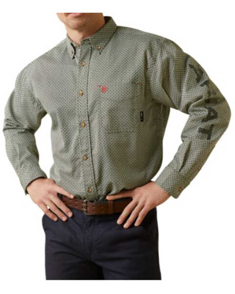 Ariat Men's FR Chisolm Logo long Sleeve Button-Down Work Shirt, Green, hi-res