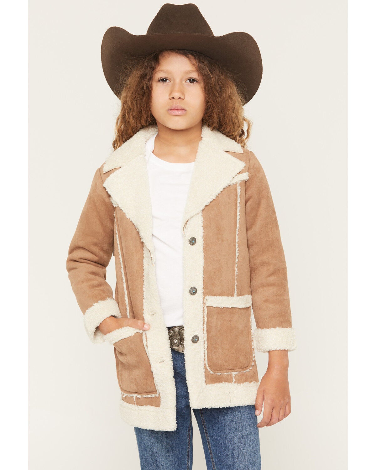 Shyanne Girls' Wynona Faux Suede Shearling Coat, Coffee, hi-res