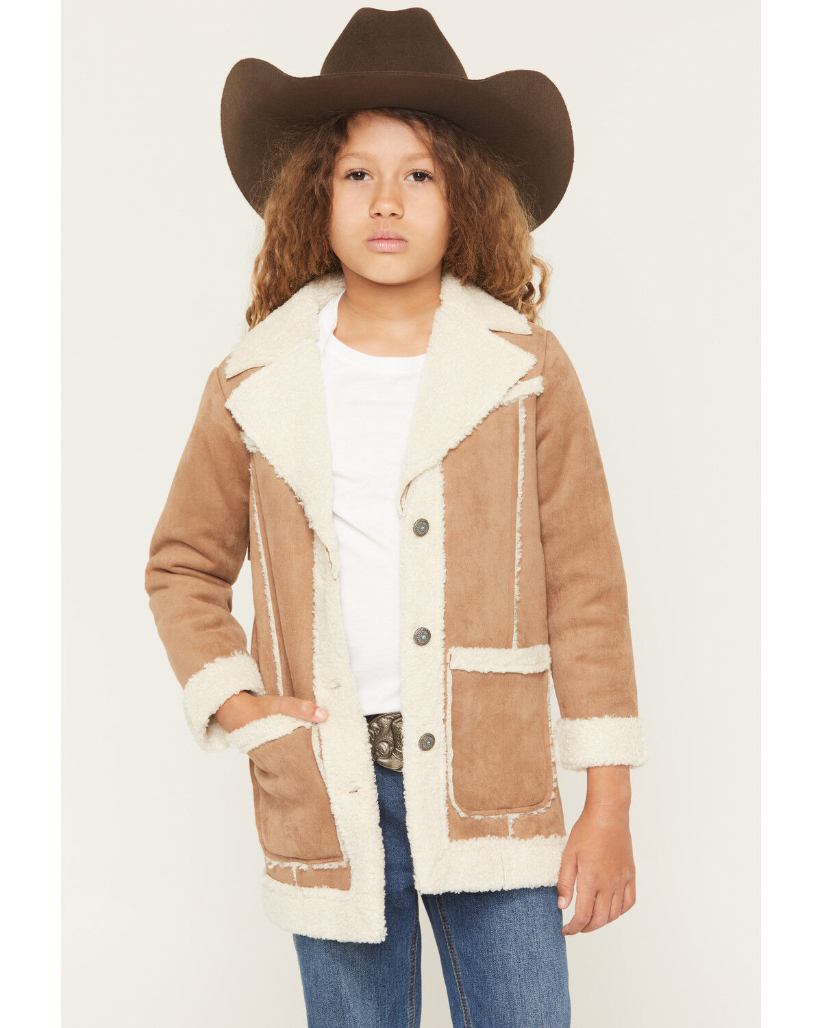 Image #1 - Shyanne Girls' Wynona Faux Suede Shearling Coat, Coffee, hi-res