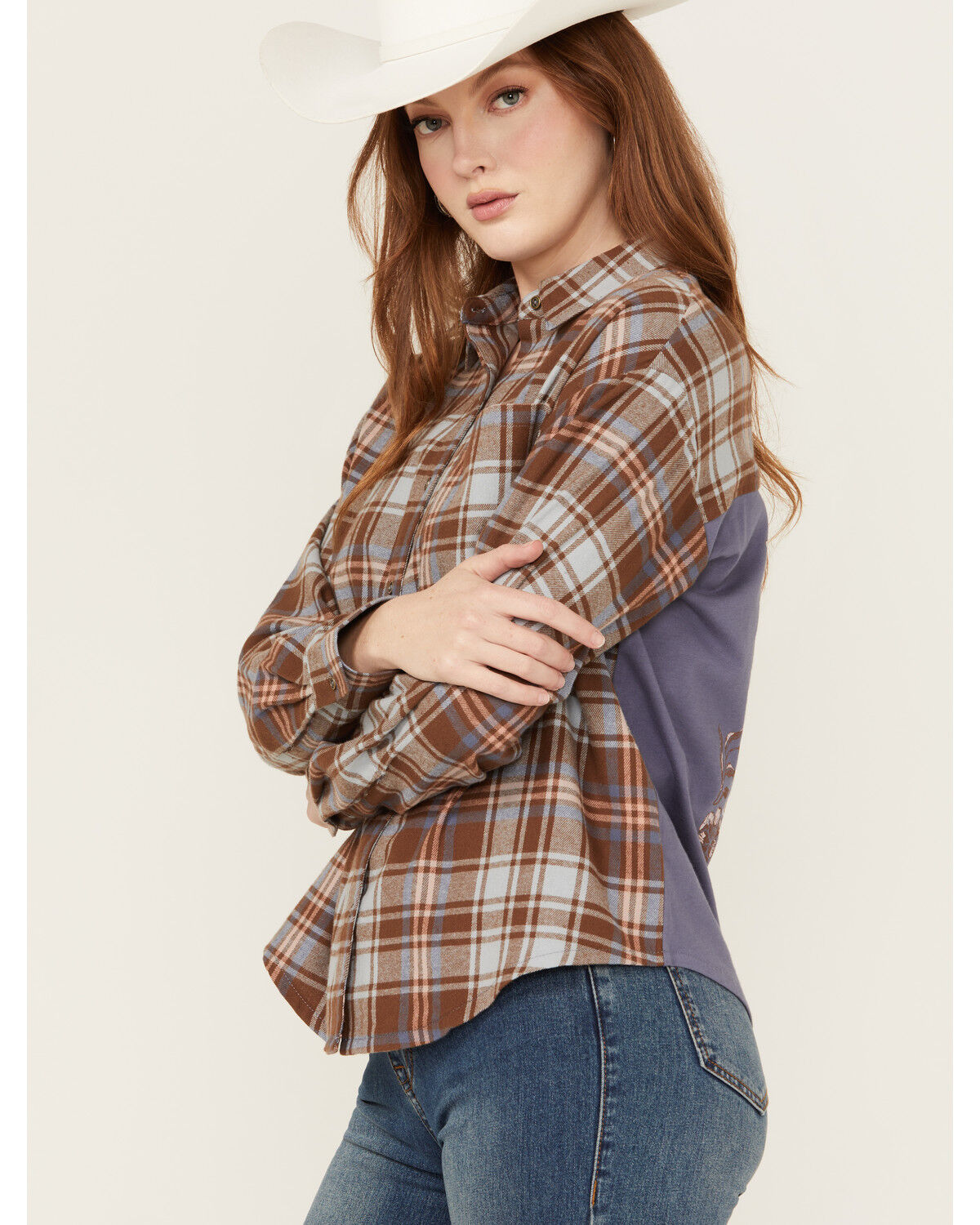 Image #4 - Cleo + Wolf Women's Mixed Media Plaid Print Button-Down Graphic Flannel Shirt, Indigo, hi-res